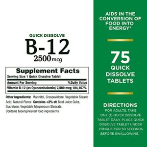 Nature’s Bounty Vitamin B12 2500 mcg, Cellular Energy Support, For Energy Metabolism, Heart & Nervous System Health, 75 Quick Dissolve Tablets