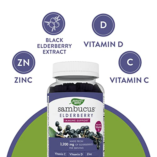 Nature’s Way Sambucus Elderberry Gummies, With Vitamin C, Vitamin D and Zinc, Immune Support for Kids and Adults*, 60 Gummies (Packaging May Vary)