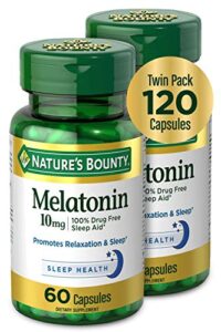 melatonin by nature’s bounty, 100% drug free sleep aid, dietary supplement, promotes relaxation and sleep health, 10mg, 60 count(pack of 2)