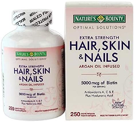 Nature's Bounty Hair Skin and Nails 5000 mcg of Biotin - 250 Coated Tablets Extra Strength (Four Bottles each of 250 Softgels) 1 4.0 Count