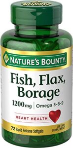 fish, organic flaxseed and borage oils by nature’s bounty, omega 3-6-9 and fatty acids, supports heart, cellular and metabolic function, 1200 mg, 72 softgels (packaging may vary)