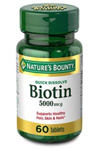 biotin by nature’s bounty, vitamin supplement, supports metabolism for cellular energy and healthy hair, skin, and nails, 5000 mcg, 60 quick dissolve tablets