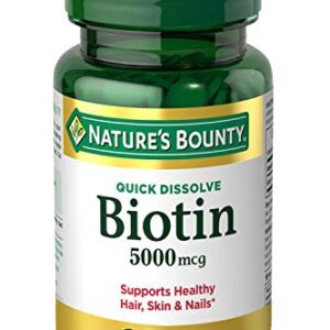 Biotin by Nature's Bounty, Vitamin Supplement, Supports Metabolism for Cellular Energy and Healthy Hair, Skin, and Nails, 5000 mcg, 60 Quick Dissolve Tablets