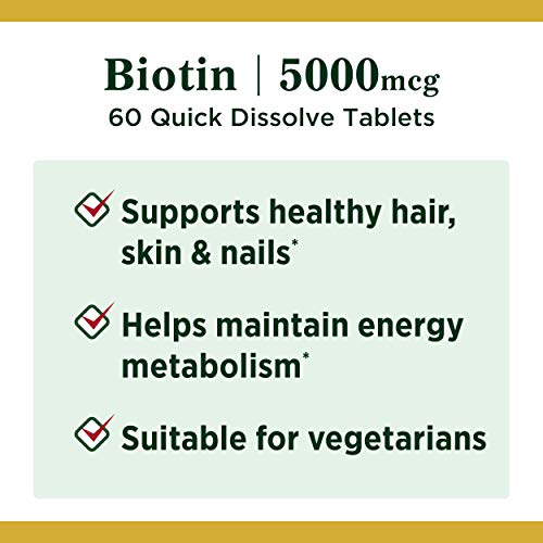 Biotin by Nature's Bounty, Vitamin Supplement, Supports Metabolism for Cellular Energy and Healthy Hair, Skin, and Nails, 5000 mcg, 60 Quick Dissolve Tablets