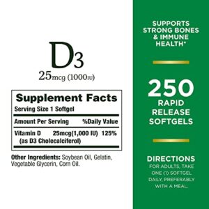 Nature’s Bounty Vitamin D3 1000 IU, Immune Support, Helps Maintain Healthy Bones, 250 Rapid Release Softgels