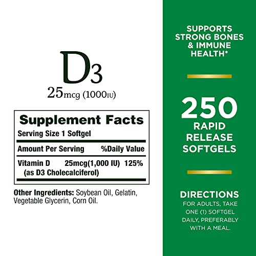 Nature’s Bounty Vitamin D3 1000 IU, Immune Support, Helps Maintain Healthy Bones, 250 Rapid Release Softgels