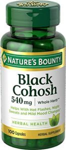 nature’s bounty black cohosh root pills and herbal health supplement, natural menopausal support, 540 mg, 100 capsules, gelatin. contains <2% of: silica,vegetable magnesium stearate.
