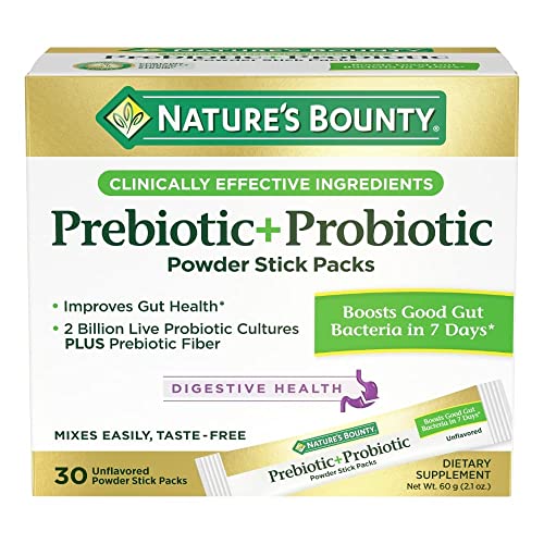 Nature's Bounty Prebiotic + Probiotic Powder Stick Packs with Bimuno, Digestive Health, Powder Sticks, Unflavored, 30 Ct