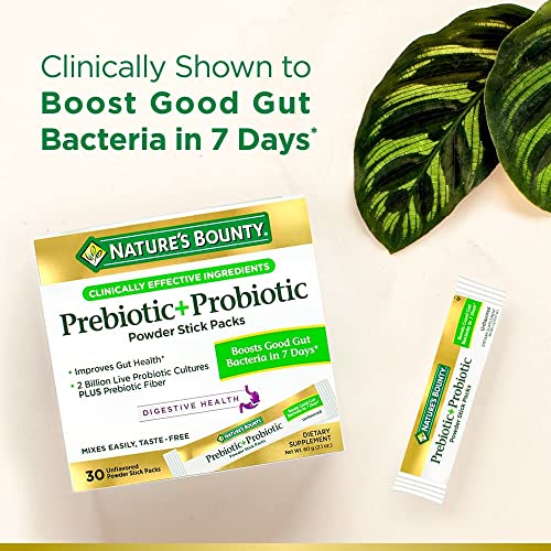 Nature's Bounty Prebiotic + Probiotic Powder Stick Packs with Bimuno, Digestive Health, Powder Sticks, Unflavored, 30 Ct