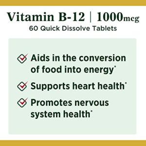 Vitamin B12 by Nature's Bounty, Quick Dissolve Vitamin Supplement, Supports Energy Metabolism and Nervous System Health, 1000mcg, 60 Tablets