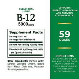 Nature’s Bounty Vitamin B12 5000 Mcg Sublingual Liquid, Cardiovascular Health & Cellular Energy Support, 2 Fl Oz (1 Count)