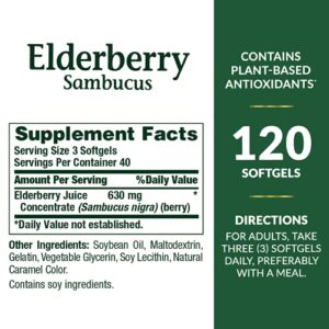 Nature's Bounty Sambucus Elderberry Herbal Supplement, Rapid Release Softgels, 630 mg per Serving, 120 Count