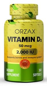orzax vitamin d3 2000 iu softgels, 360 days supply, supports immune system & bone healths, mood booster d3 vitamin, gluten-free, 50 mcg, 360 mini softgel
