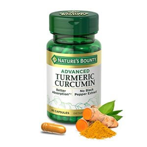 nature’s bounty advanced turmeric curcumin provides 750% better absorption without black pepper extract or bioperine. 60 count capsules. 60 servings. packaging may vary