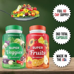 Superfood Fruit and Veggie Supplement - 360 Fruit and Veggie Capsules -100% Whole Super Fruit and Super Vegetable Supplements & Vitamin, Made in USA, Soy Free, Vegan- 60 Servings