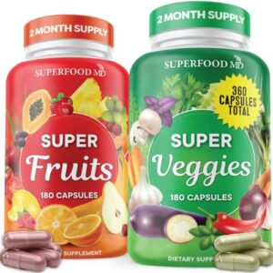 superfood fruit and veggie supplement – 360 fruit and veggie capsules -100% whole super fruit and super vegetable supplements & vitamin, made in usa, soy free, vegan- 60 servings
