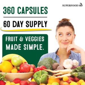 Superfood Fruit and Veggie Supplement - 360 Fruit and Veggie Capsules -100% Whole Super Fruit and Super Vegetable Supplements & Vitamin, Made in USA, Soy Free, Vegan- 60 Servings