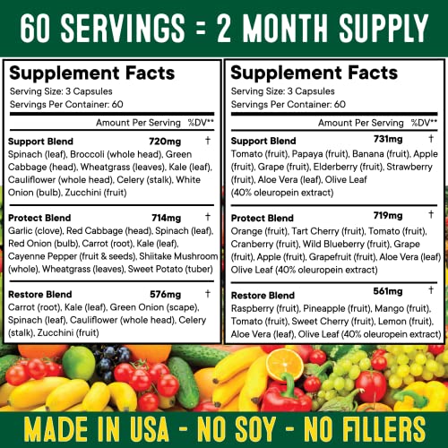 Superfood Fruit and Veggie Supplement - 360 Fruit and Veggie Capsules -100% Whole Super Fruit and Super Vegetable Supplements & Vitamin, Made in USA, Soy Free, Vegan- 60 Servings