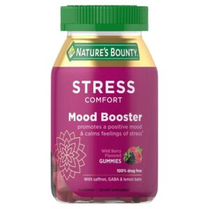 nature’s bounty stress comfort gummies, mood booster, dietary supplement with saffron, gaba, and lemon balm, calms feelings of occasional stress, wild berry flavor, 36 gummies
