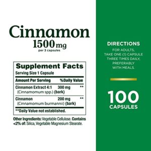 Nature's Bounty Cinnamon Herbal Supplement, Supports Sugar Metabolism, 1500mg Capsules, 100 Count