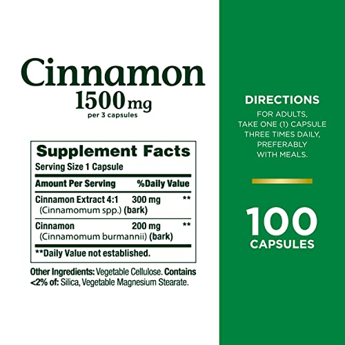 Nature's Bounty Cinnamon Herbal Supplement, Supports Sugar Metabolism, 1500mg Capsules, 100 Count