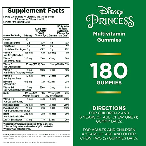 Nature's Bounty Disney Princess Kids Gummy Multivitamin, Natural Grape, Orange & Cherry Flavored, No Gluten, Dairy, or Peanuts, 180 Gummies