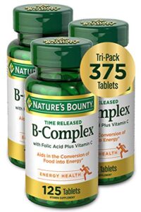 vitamin b-complex by nature’s bounty, time released vitamin supplement w/ folic acid plus vitamin c, supports energy metabolism and nervous system health, 125 tablets (pack of 3)