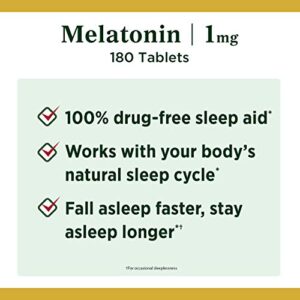 Melatonin by Nature's Bounty, 100% Drug Free Sleep Aid, Dietary Supplement, Promotes Relaxation and Sleep Health, 1mg, 180 Tablets