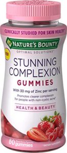 nature’s bounty stunning complexion skin care dietary supplement gummies optimal solutions, 30 mg zinc, mixed berry flavor, 60 count