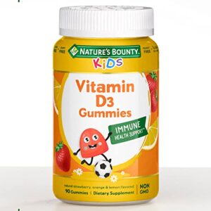 nature’s bounty kids vitamin d3 immune health support gummies, natural strawberry, orange & lemon flavored, non gmo + gluten free, 90 gummies