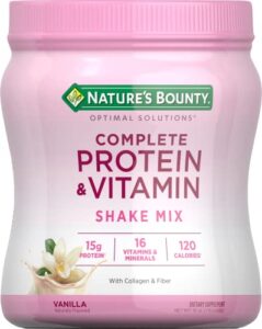 nature’s bounty complete protein & vitamin shake mix with collagen & fiber, contains vitamin c for immune health, vanilla flavored, 16 oz