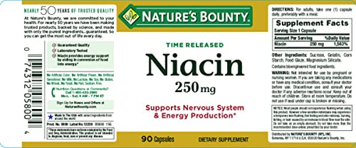 Nature's Bounty Niacin Pills and Supplement, Supports Nervous System and Cellular Energy Production, 250mg, 90 Capsules