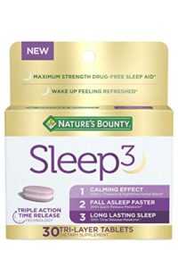 melatonin by nature’s bounty, sleep3 maximum strength 100% drug free sleep aid, dietary supplement, l-theanine & nighttime herbal blend time release technology, 10mg, 30 tri-layered tablets