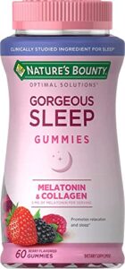 nature’s bounty optimal solutions gorgeous sleep melatonin 5mg gummies with collagen, assorted fruit flavors, 60 count (pack of 2)