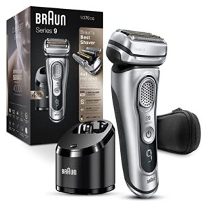 braun electric razor for men with precision beard trimmer, rechargeable, wet & dry foil shaver, clean & charge station & travel case, silver, 3 piece set