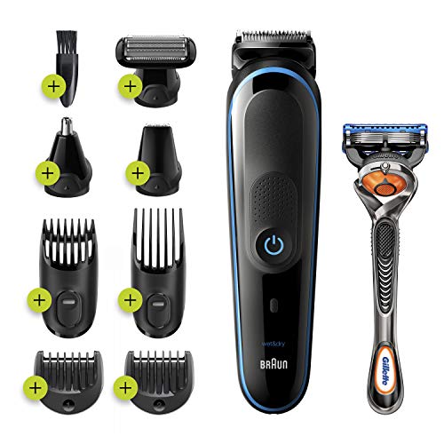 Braun Hair Clippers for Men 9-in-1 Beard, Ear and Nose Trimmer, Mens Grooming Kit, Body Groomer, Cordless & Rechargeable with Gillette ProGlide Razor, Black/Blue