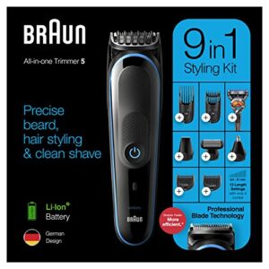 Braun Hair Clippers for Men 9-in-1 Beard, Ear and Nose Trimmer, Mens Grooming Kit, Body Groomer, Cordless & Rechargeable with Gillette ProGlide Razor, Black/Blue