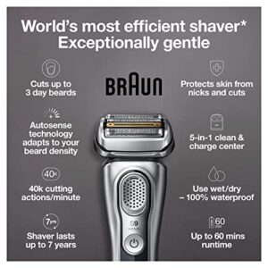 Braun Electric Razor for Men, Waterproof Foil Shaver, Series 9 9390cc, Wet & Dry Shave, With Pop-Up Beard Trimmer for Grooming, Cleaning & Charging SmartCare Center and Leather Travel Case, Silver