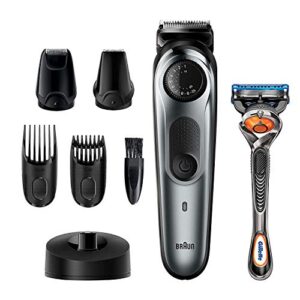 braun beard detail trimmer, hair clippers for men, cordless & rechargeable, mini foil shaver with gillette proglide razor, silver, 10 piece set