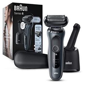 braun electric shaver for sensitive skin, wet & dry shave, series 6 6075cc, with beard trimmer, clean & charge smartcare center, and leather travel case, rechargeable, black