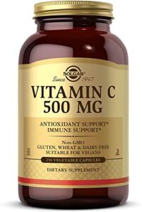 solgar vitamin c 500 mg, 250 vegetable capsules – antioxidant & immune support – overall health – supports healthy skin & joints – non-gmo, vegan, gluten free, kosher – 250 servings