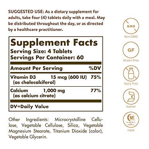 Solgar Calcium Citrate with Vitamin D3, 240 Tablets - Promotes Healthy Bones & Teeth, Supports Musculoskeletal & Nervous Systems - Non-GMO, Gluten Free, Dairy Free, Kosher, Halal - 60 Servings