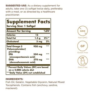 Solgar Triple Strength Omega 3 950 mg - 100 Softgels, Pack of 2 - Supports Cardiovascular, Joint & Skin Health - Non-GMO, Gluten Free, Dairy Free - 200 Total Servings