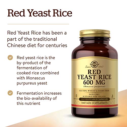 Solgar Red Yeast Rice 600 mg, 120 Vegetable Capsules - Supports Heart Health - Fermented to Increase Bioavailability - Non-GMO, Vegan, Gluten Free, Dairy Free, Kosher - 60 Servings