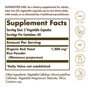 Solgar Red Yeast Rice 600 mg, 120 Vegetable Capsules - Supports Heart Health - Fermented to Increase Bioavailability - Non-GMO, Vegan, Gluten Free, Dairy Free, Kosher - 60 Servings