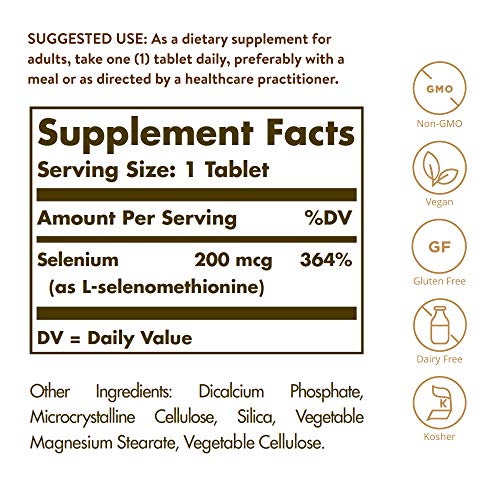 Solgar Yeast-Free Selenium 200 mcg, 250 Tablets - Supports Antioxidant & Immune System Health - Non-GMO, Vegan, Gluten Free, Dairy Free, Kosher - 250 Servings, Unflavored, Standard Packaging