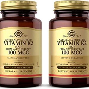 Solgar Natural Vitamin K2 (MK-7) 100 mcg, 50 Vegetable Capsules - Pack of 2 - Supports Bone Health - Natural Whole Food Source from Natto Extract - Non-GMO, Gluten Free - 100 Total Servings