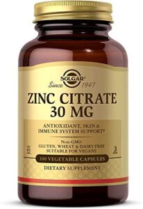 solgar zinc citrate 30 mg, 100 vegetable capsules – zinc for healthy skin, taste & vision – immune system & antioxidant support – citrate form for optimal absorption – non gmo, vegan – 100 servings