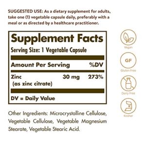 Solgar Zinc Citrate 30 mg, 100 Vegetable Capsules - Zinc for Healthy Skin, Taste & Vision - Immune System & Antioxidant Support - Citrate Form for Optimal Absorption - Non GMO, Vegan - 100 Servings