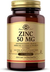 solgar zinc 50 mg, 100 tablets – zinc for healthy skin, taste & vision – immune system & antioxidant support – supports cell growth & dna formation – non gmo, vegan, gluten free – 100 servings